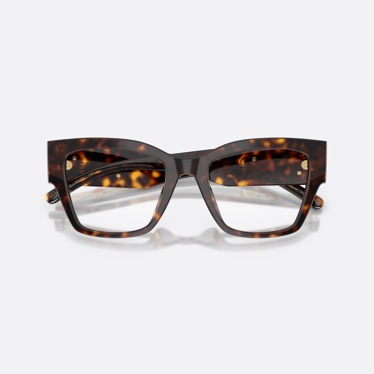 Dolce & Gabbana DG3435B 502 eyeglasses, havana butterfly frame for women, plain bridge, wide tapered temples, full-rim acetate front, folded