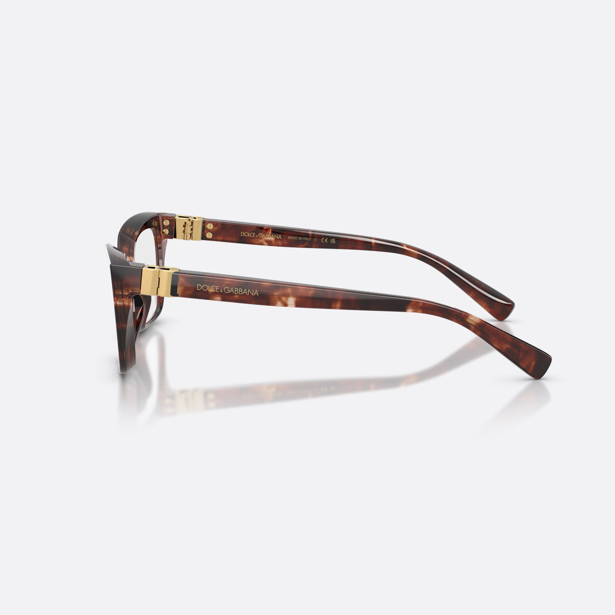 Dolce & Gabbana DG3436 3222 eyeglasses, red rectangle frame for women, plain saddle-style bridge, brand lettering on temples, side view