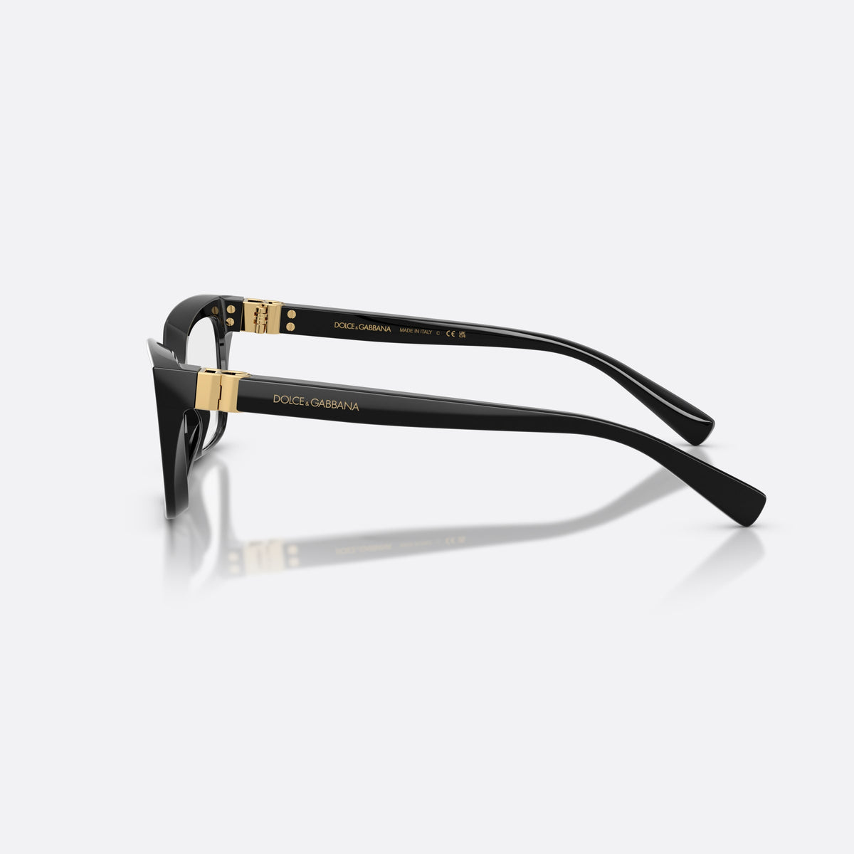 Dolce & Gabbana DG3436 501 eyeglasses, black rectangle frame for women, plain saddle bridge, brand lettering on temples, side view
