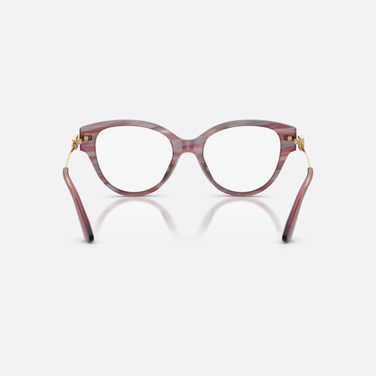 Dolce & Gabbana DG3438 3474 eyeglasses, violet butterfly frame for women, plain bridge with acetate, brand logo plaque on temple, back view
