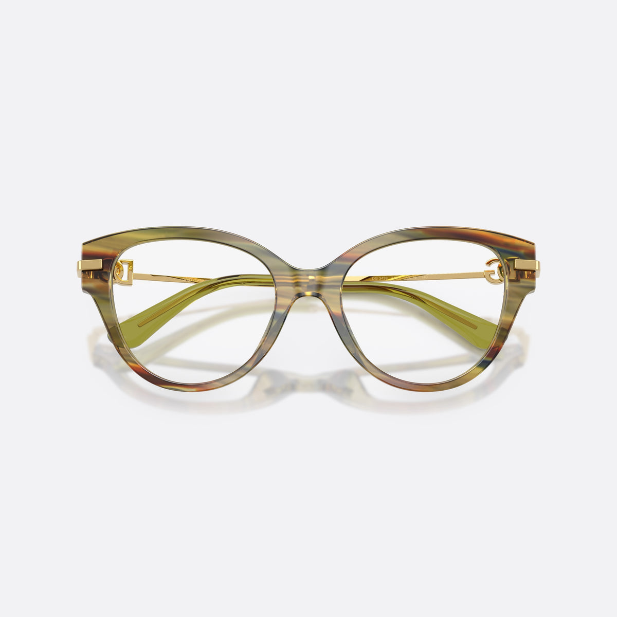Dolce & Gabbana DG3438 3475 eyeglasses, green butterfly frame for women, plain bridge, acetate integrated, full-rim frame, folded