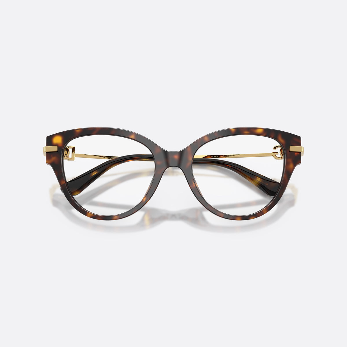 Dolce & Gabbana DG3438 502 eyeglasses, havana butterfly frame for women, plain bridge, brand logo plaque on temple, folded