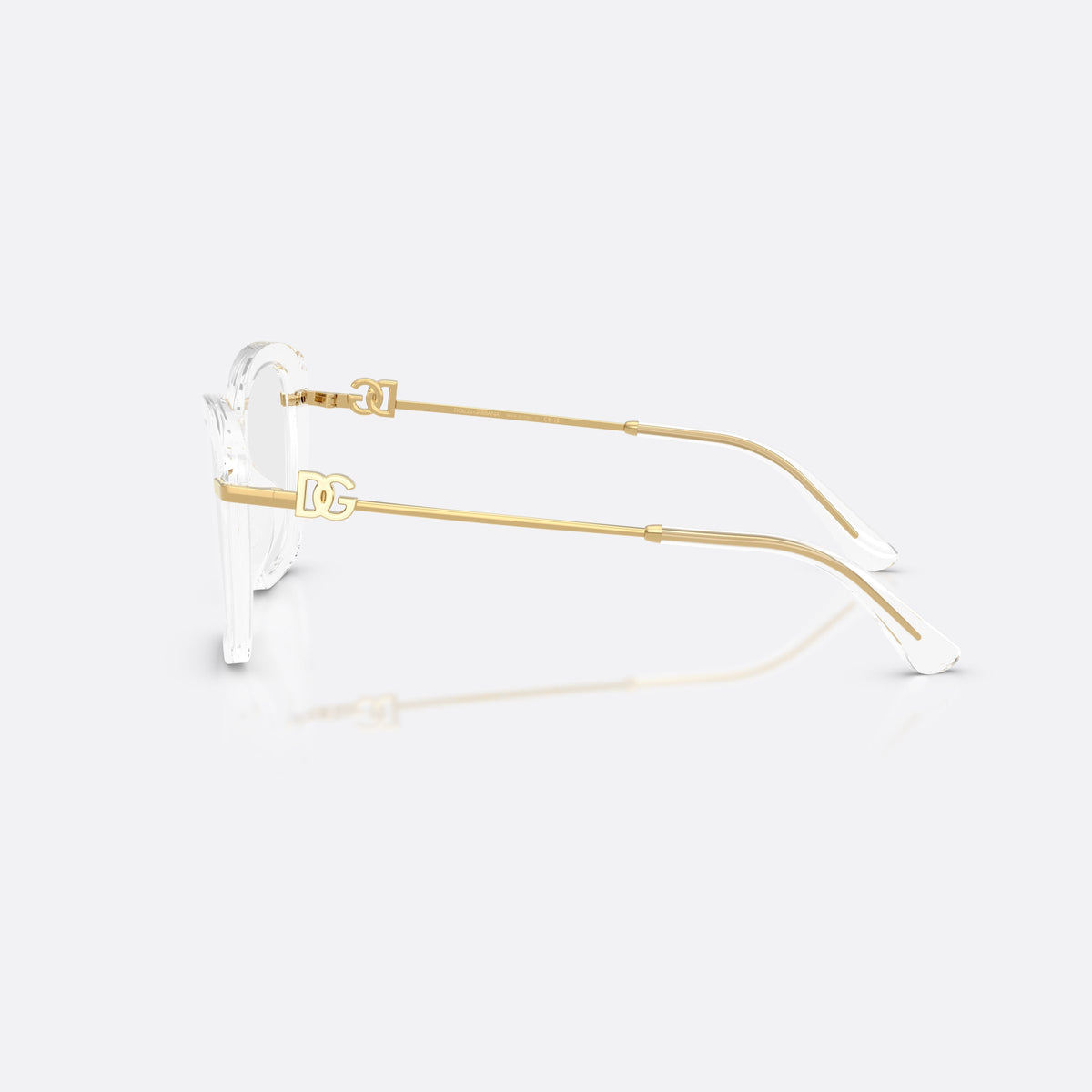 Dolce & Gabbana DG3439 3133 eyeglasses, clear square frame for women, plain integrated bridge, brand logo plaque on temples, side view