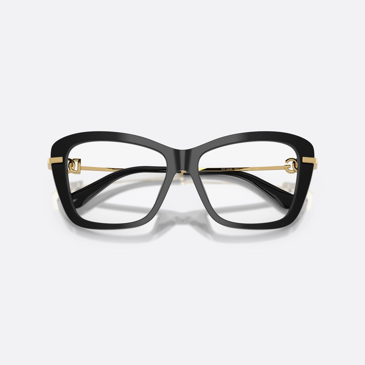 Dolce & Gabbana DG3439 501 eyeglasses, black square frame for women, keyhole bridge, brand logo plaque on temples, folded