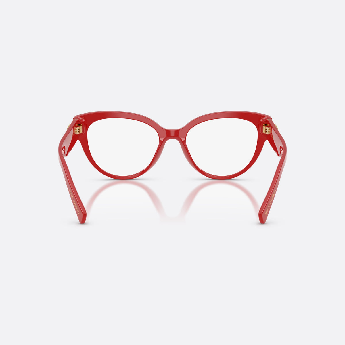 Dolce & Gabbana DG3440 3088 eyeglasses, red cat eye frame for women, plain bridge, brand logo plaque on temple, full rim frame, back view