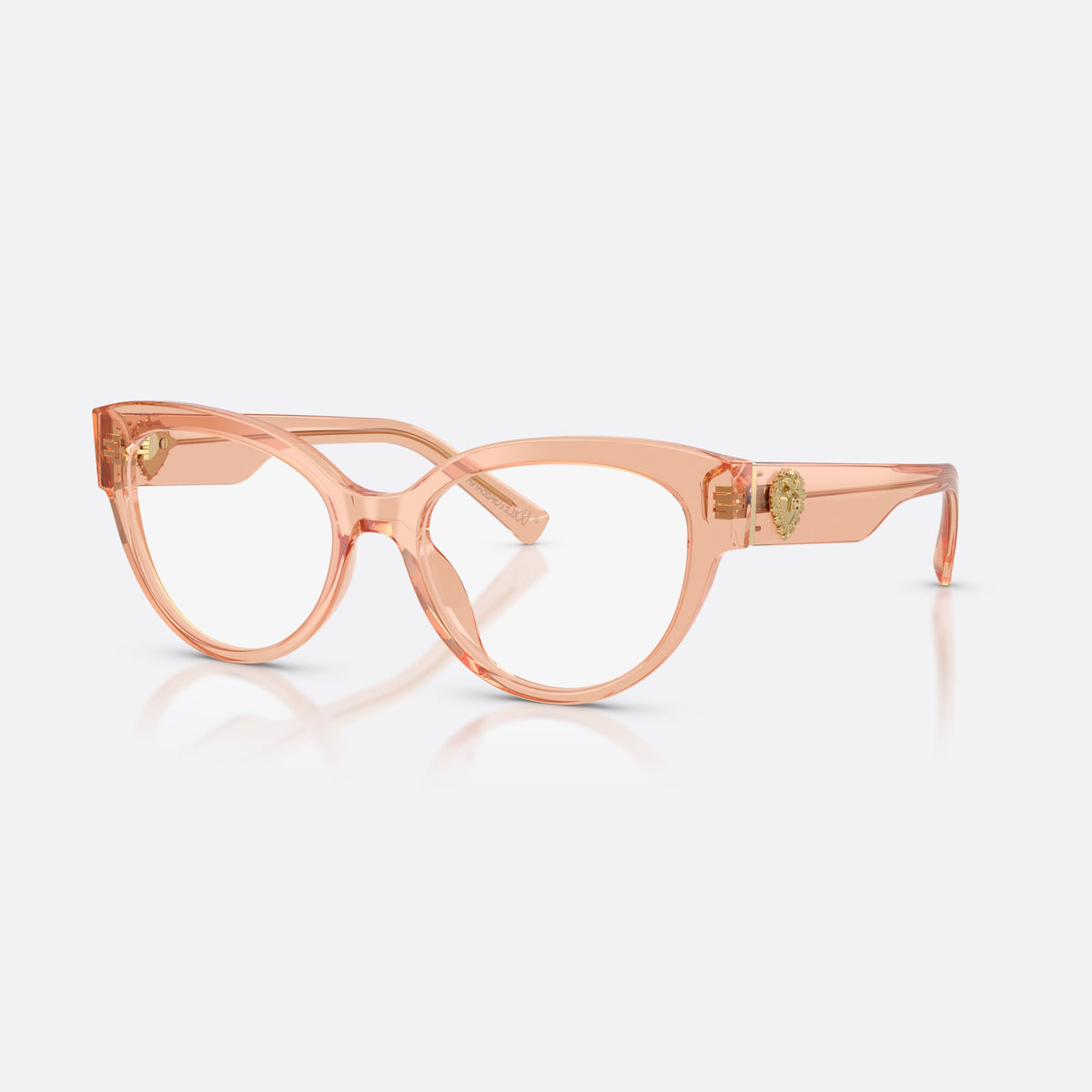 Dolce & Gabbana DG3440 3226 eyeglasses, pink cat eye frame for women, plain integrated bridge, gold-tone medallion on temples