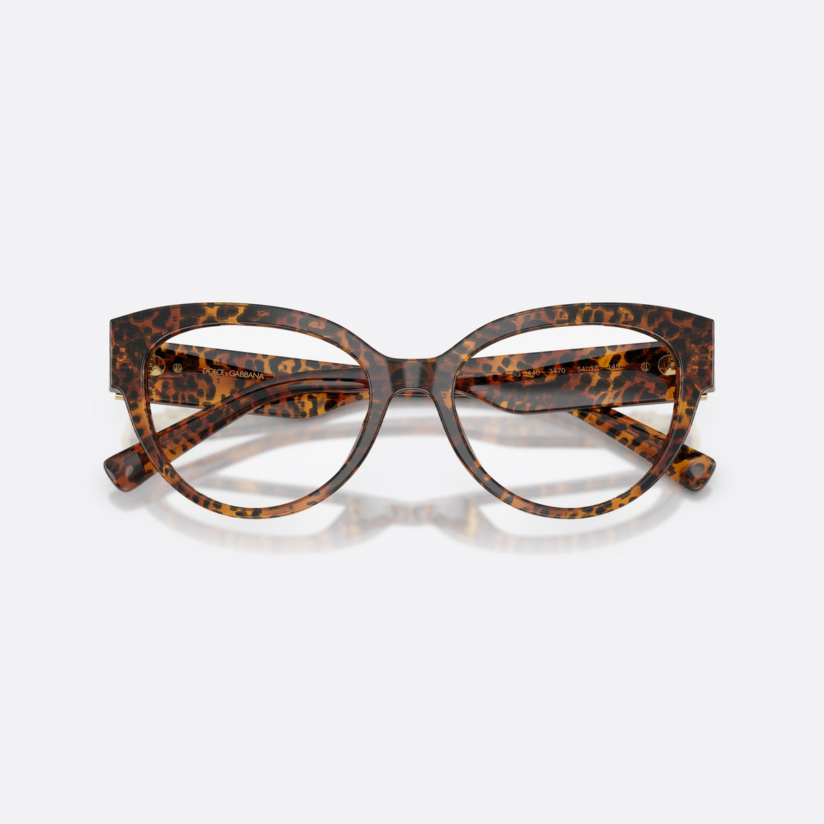 Dolce & Gabbana DG3440 3470 eyeglasses, brown cat eye frame for women, plain bridge, integrated with frame, slim tapered temples, folded