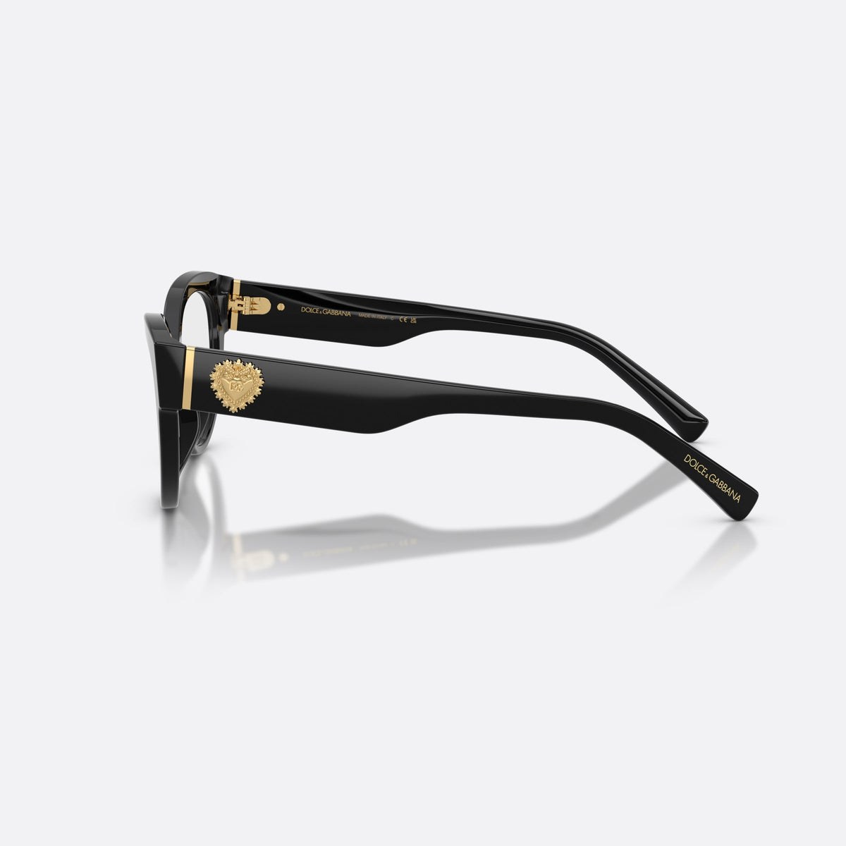 Dolce & Gabbana DG3440 501 eyeglasses, black cat eye frame for women, plain bridge, brand lettering on temples, side view