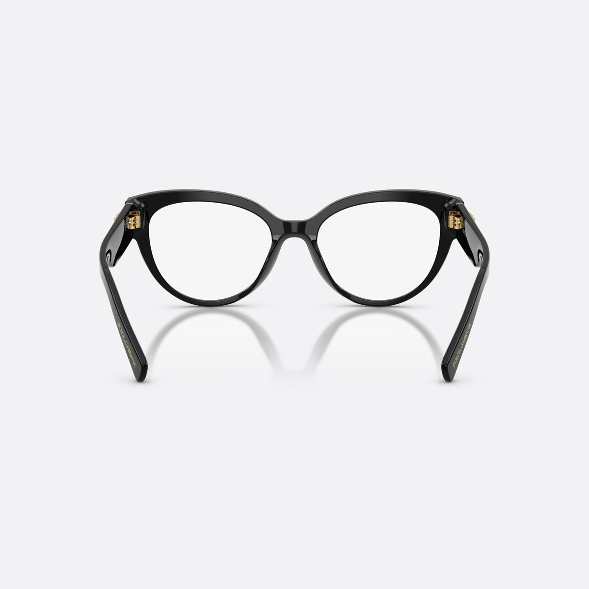 Dolce & Gabbana DG3440 501 eyeglasses, black cat eye frame for women, plain bridge, brand lettering on temples, back view