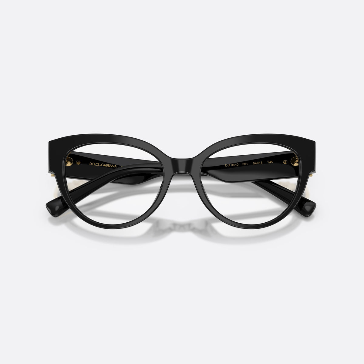 Rame ochelari de vedere Dolce & Gabbana DG3440 501, cat eye negru, pentru femei, punte simplă, literele brandului pe braț, balamale aurii, cu brațele pliate