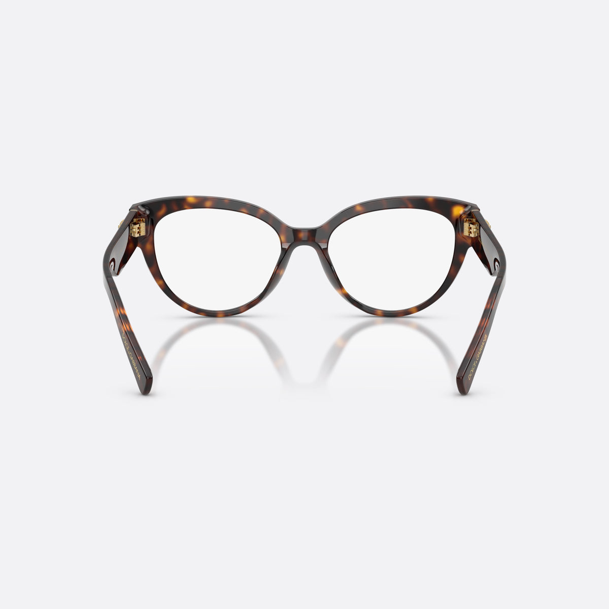 Dolce & Gabbana DG3440 502 eyeglasses, havana cat eye frame for women, plain bridge, brand logo plaque on temples, back view