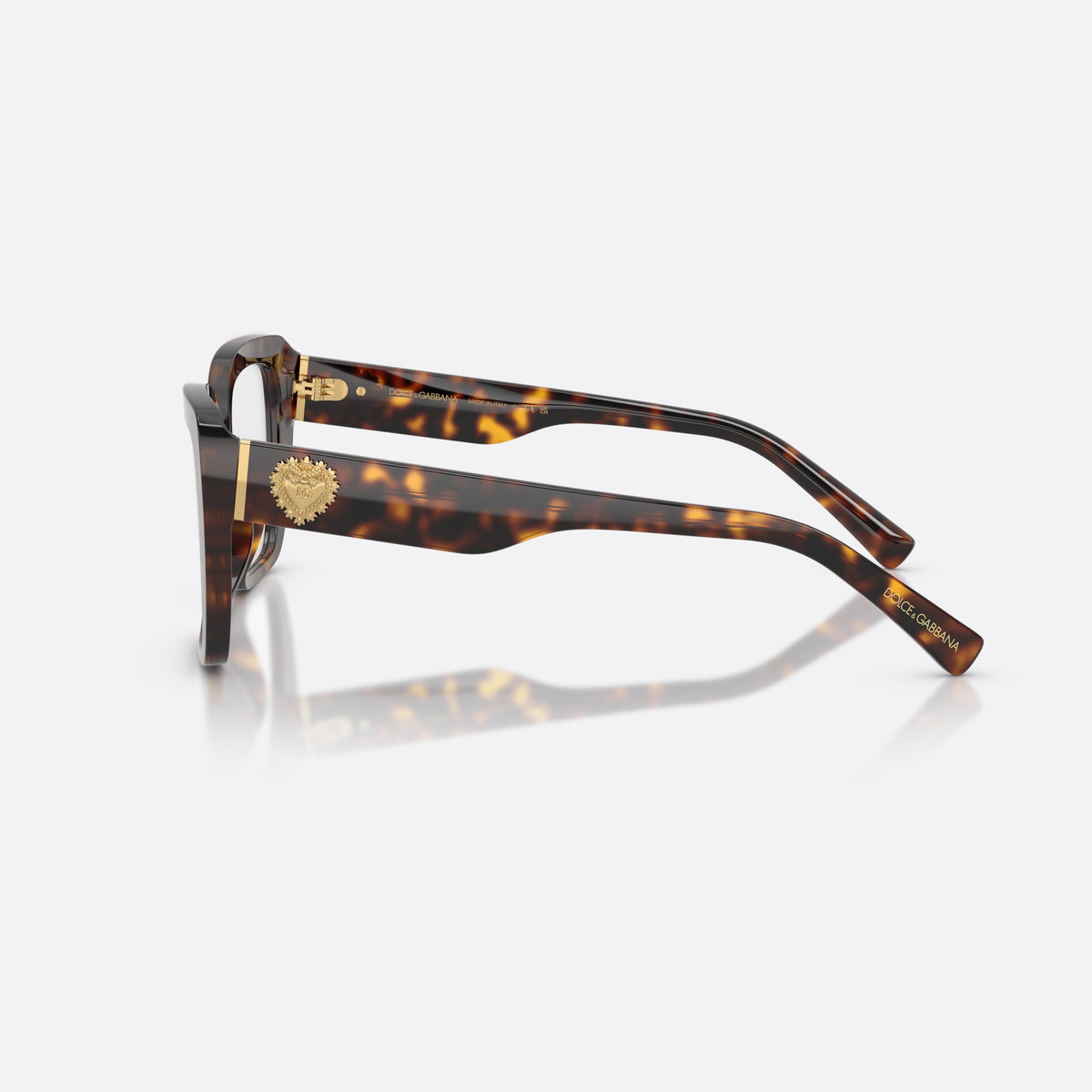 Dolce & Gabbana DG3441 502 eyeglasses, havana square frame for women, plain bridge with dark frame, brand lettering on temple, side view