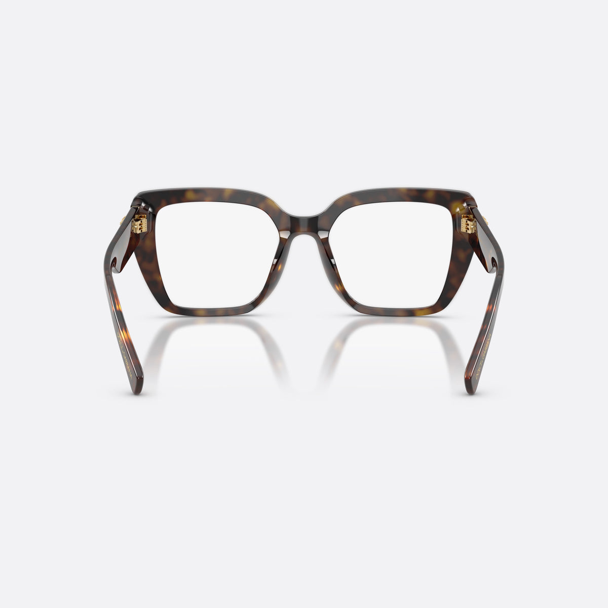 Dolce & Gabbana DG3441 502 eyeglasses, havana square frame for women, plain bridge with dark frame, brand lettering on temple, back view