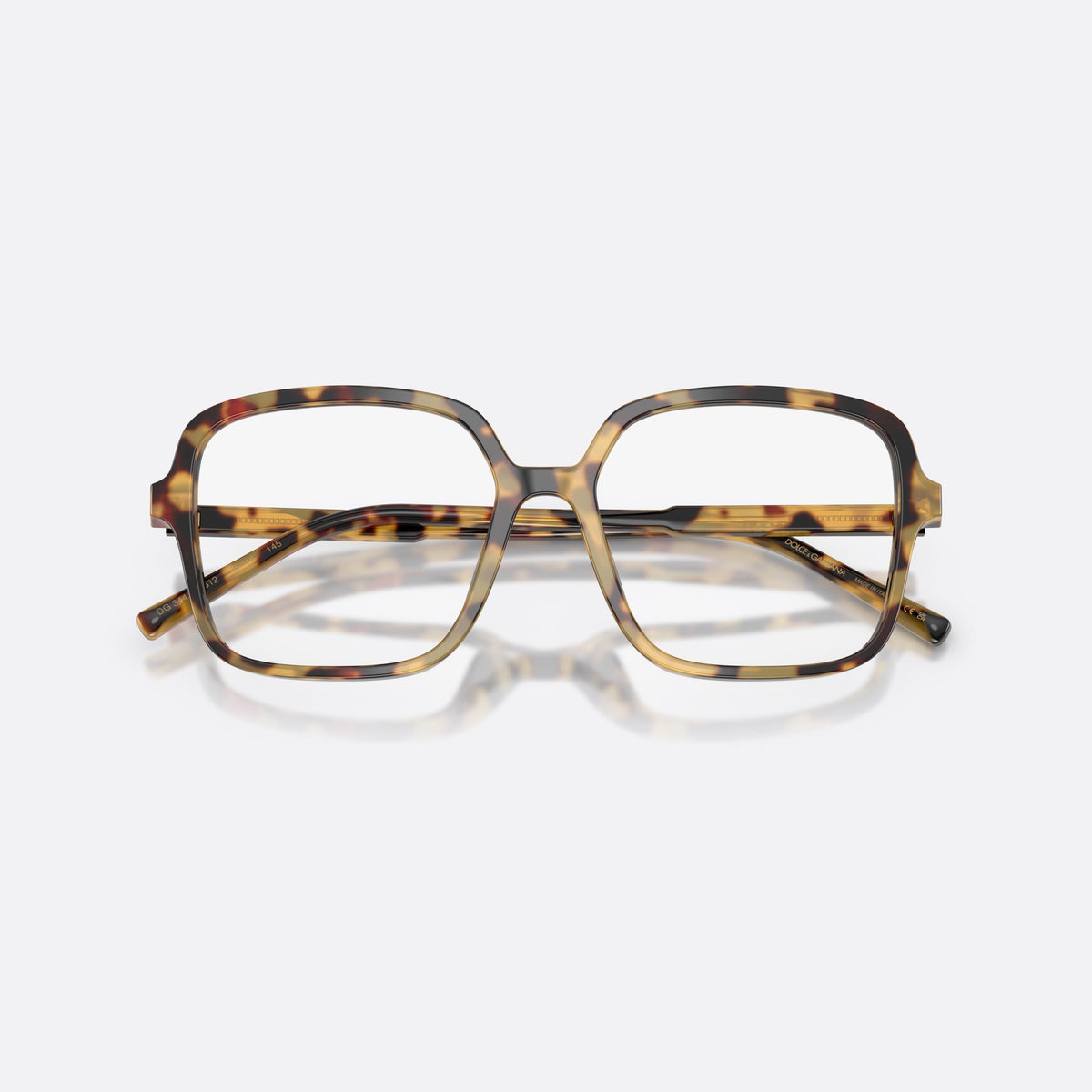 Dolce & Gabbana DG3442 512 eyeglasses, havana square frame for women, plain double bridge, brand lettering on temples, folded