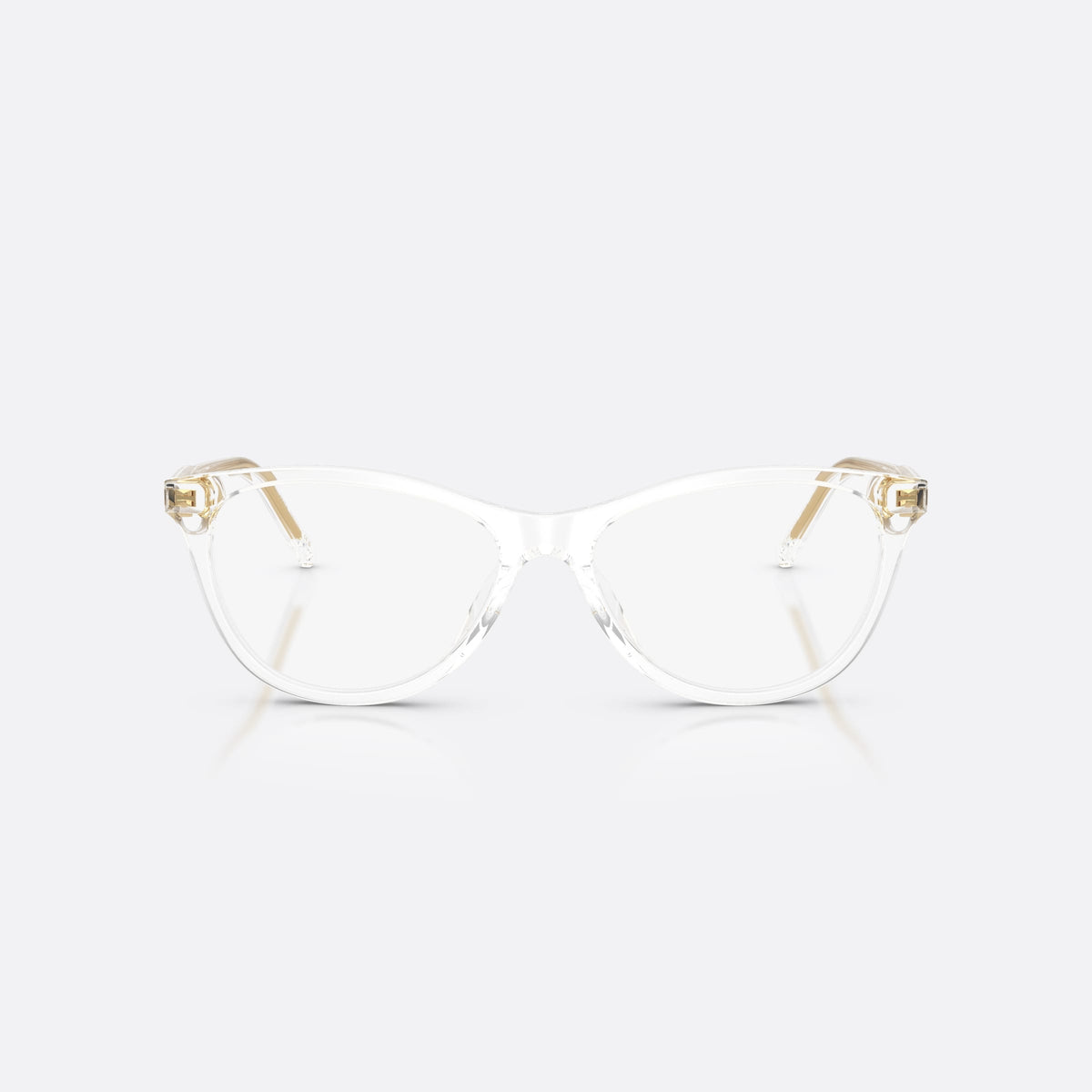 Dolce & Gabbana DG3443 3133 eyeglasses, clear cat eye frame for women, plain bridge, brand lettering on temples, full-rim frame, front view