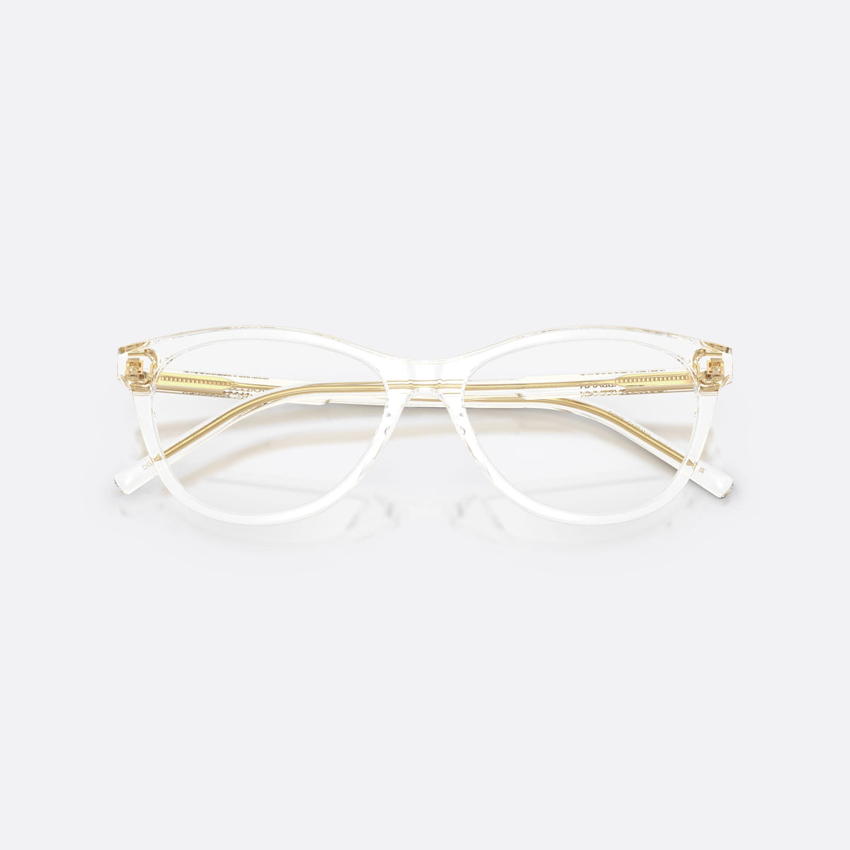 Dolce & Gabbana DG3443 3133 eyeglasses, clear cat eye frame for women, plain bridge, brand lettering on temples, full-rim frame, folded