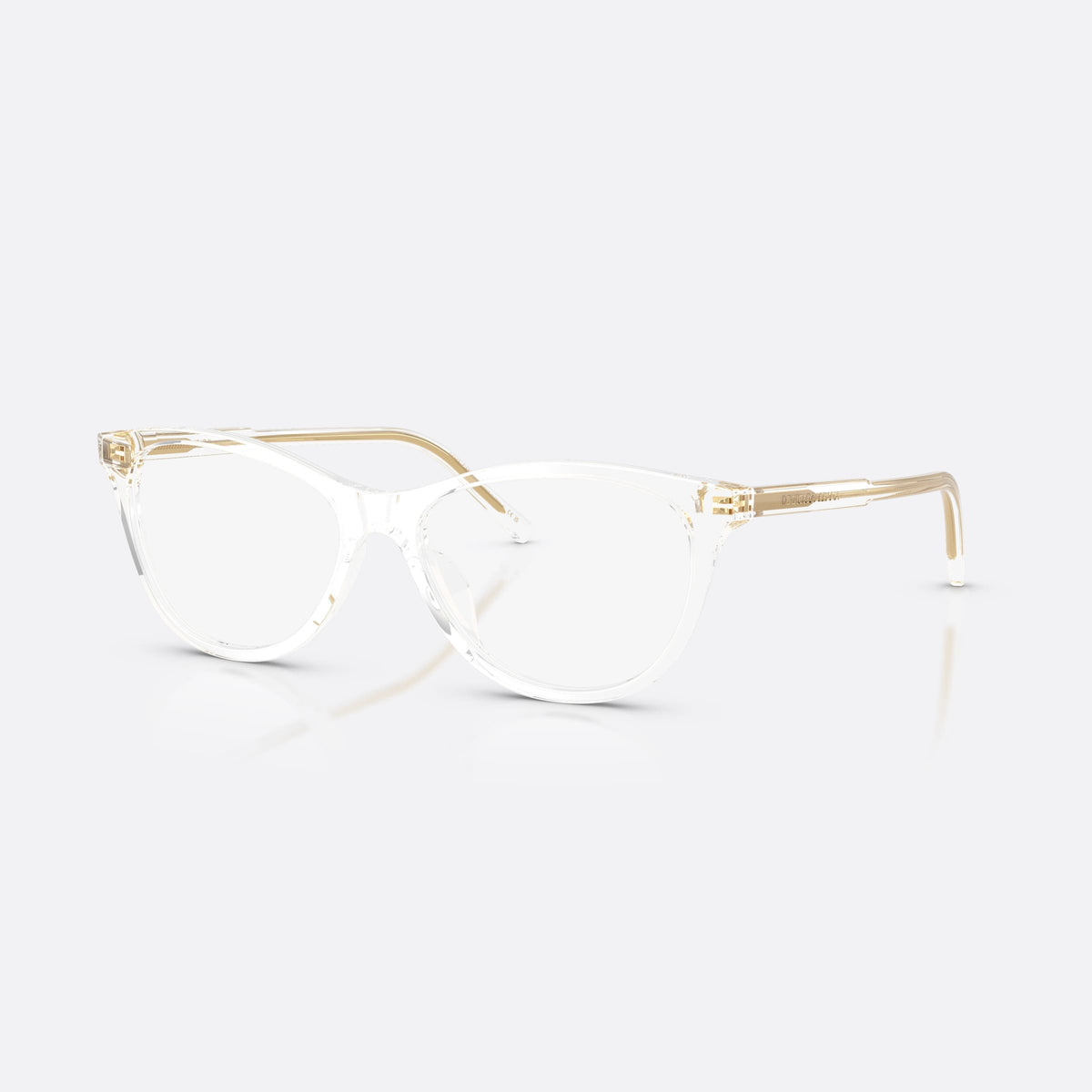 Dolce & Gabbana DG3443 3133 eyeglasses, clear cat eye frame for women, plain integrated bridge, brand lettering on temples