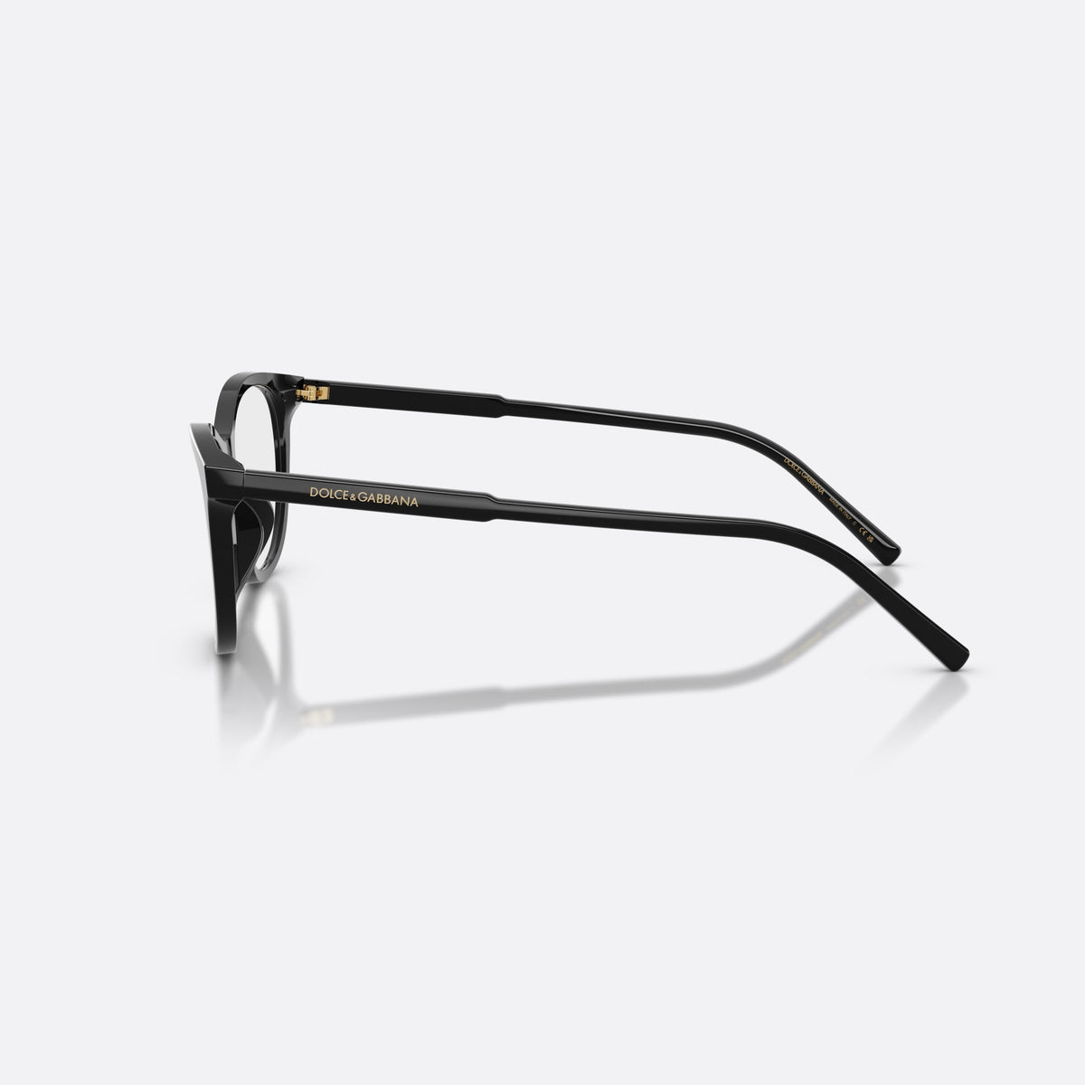 Dolce & Gabbana DG3443 501 eyeglasses, black cat eye frame for women, plain integrated bridge, brand lettering on temples, side view