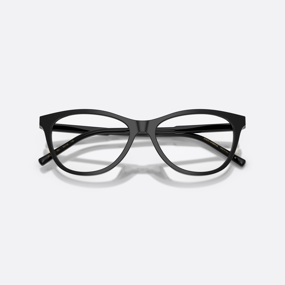 Dolce & Gabbana DG3443 501 eyeglasses, black cat eye frame for women, plain integrated bridge, brand lettering on temples, folded