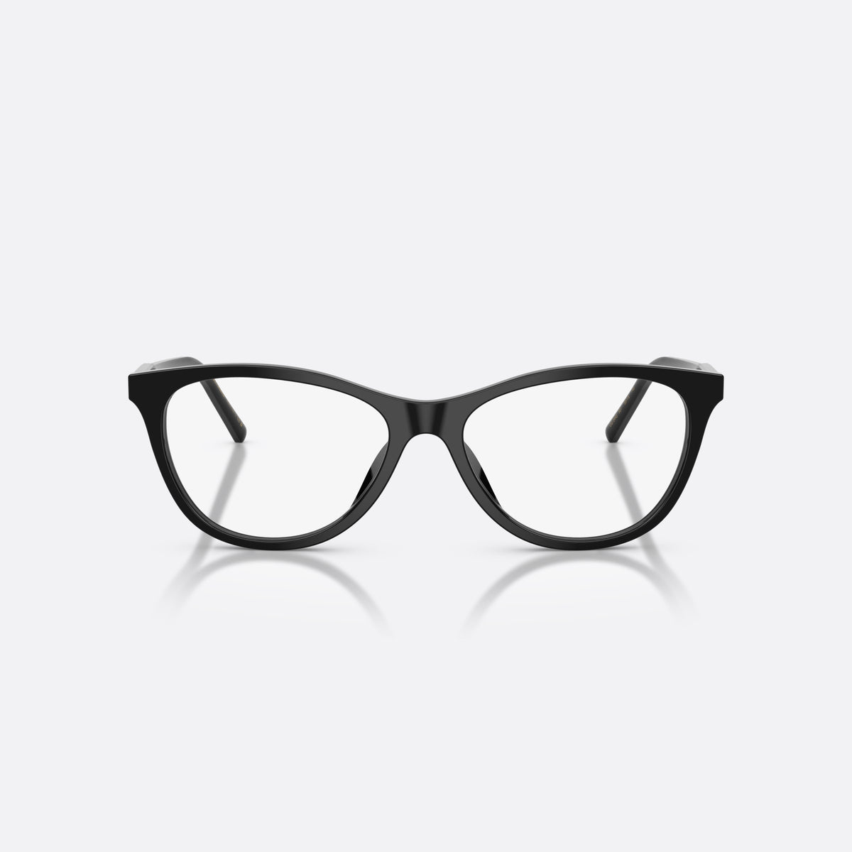 Dolce & Gabbana DG3443 501 eyeglasses, black cat eye frame for women, plain integrated bridge, brand lettering on temples, front view
