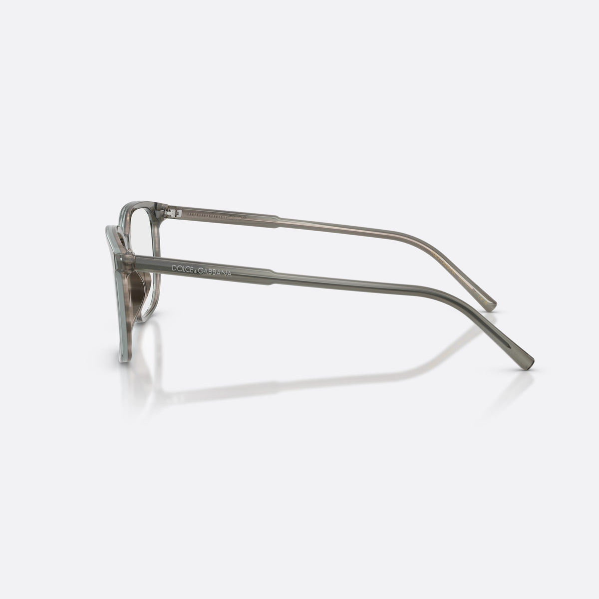 Dolce & Gabbana DG3445 3479 eyeglasses, grey square frame for men, plain bridge, brand lettering on temples, side view