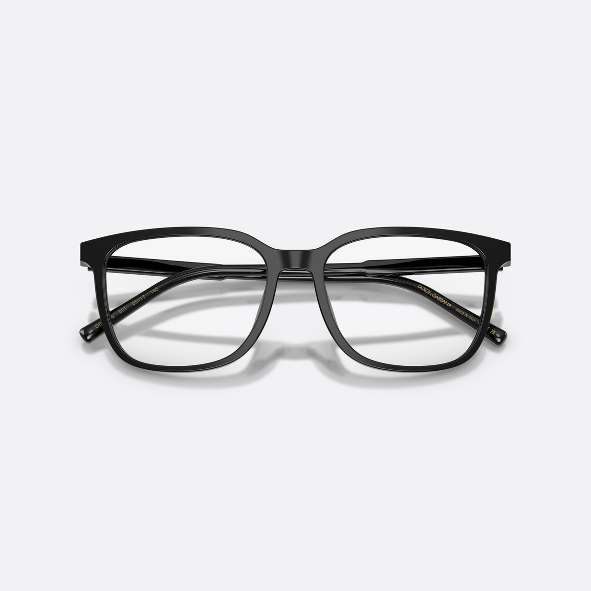 Dolce & Gabbana DG3445 501 eyeglasses, black square frame for men, plain bridge, brand lettering on temples, folded