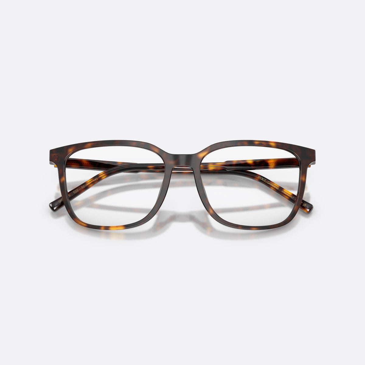Dolce & Gabbana DG3445 502 eyeglasses, havana square frame for men, plain bridge, brand lettering on temples, full-rim frame, folded