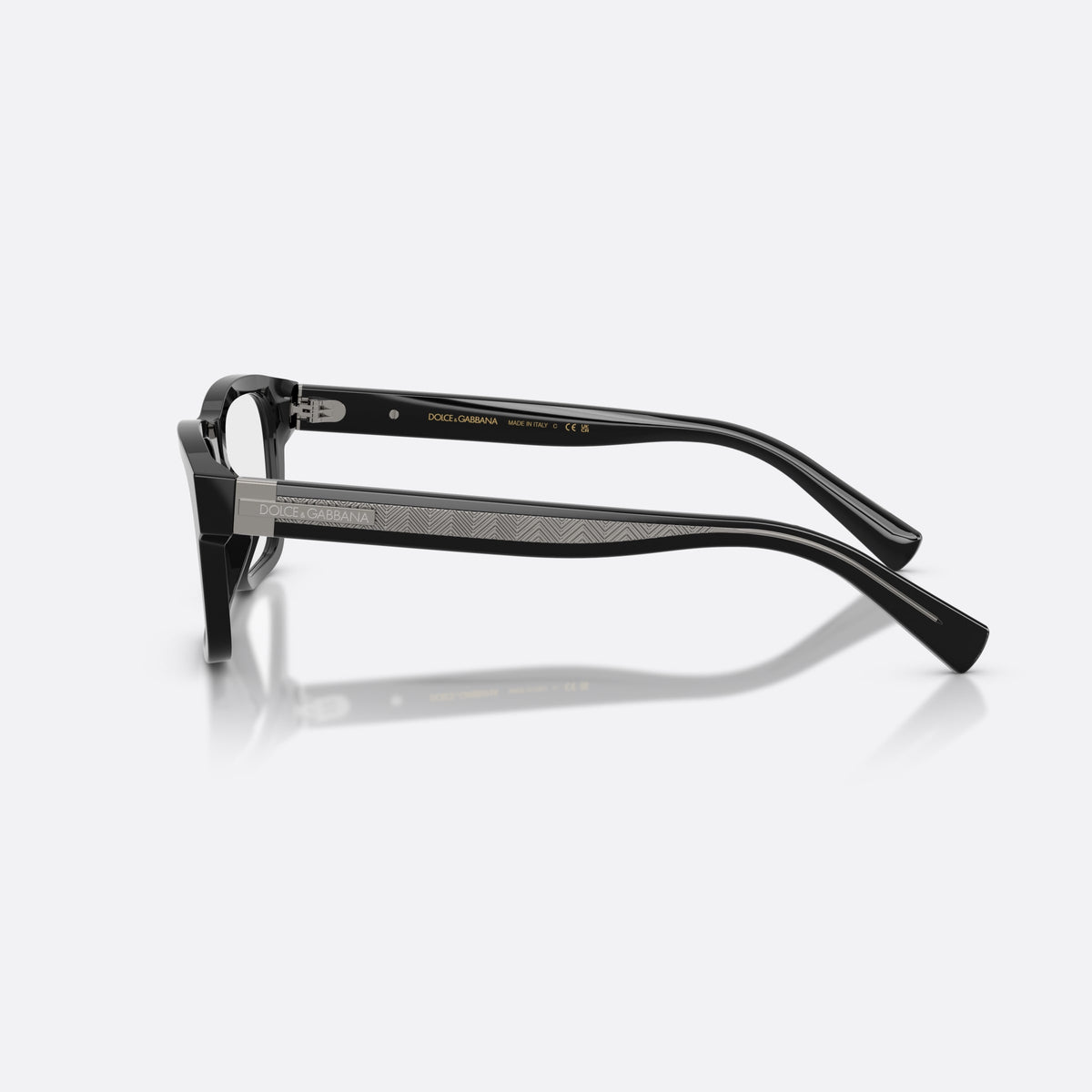 Dolce & Gabbana DG3446 501 eyeglasses, black rectangle frame for men, plain bridge, solid acetate, brand lettering on temples, side view