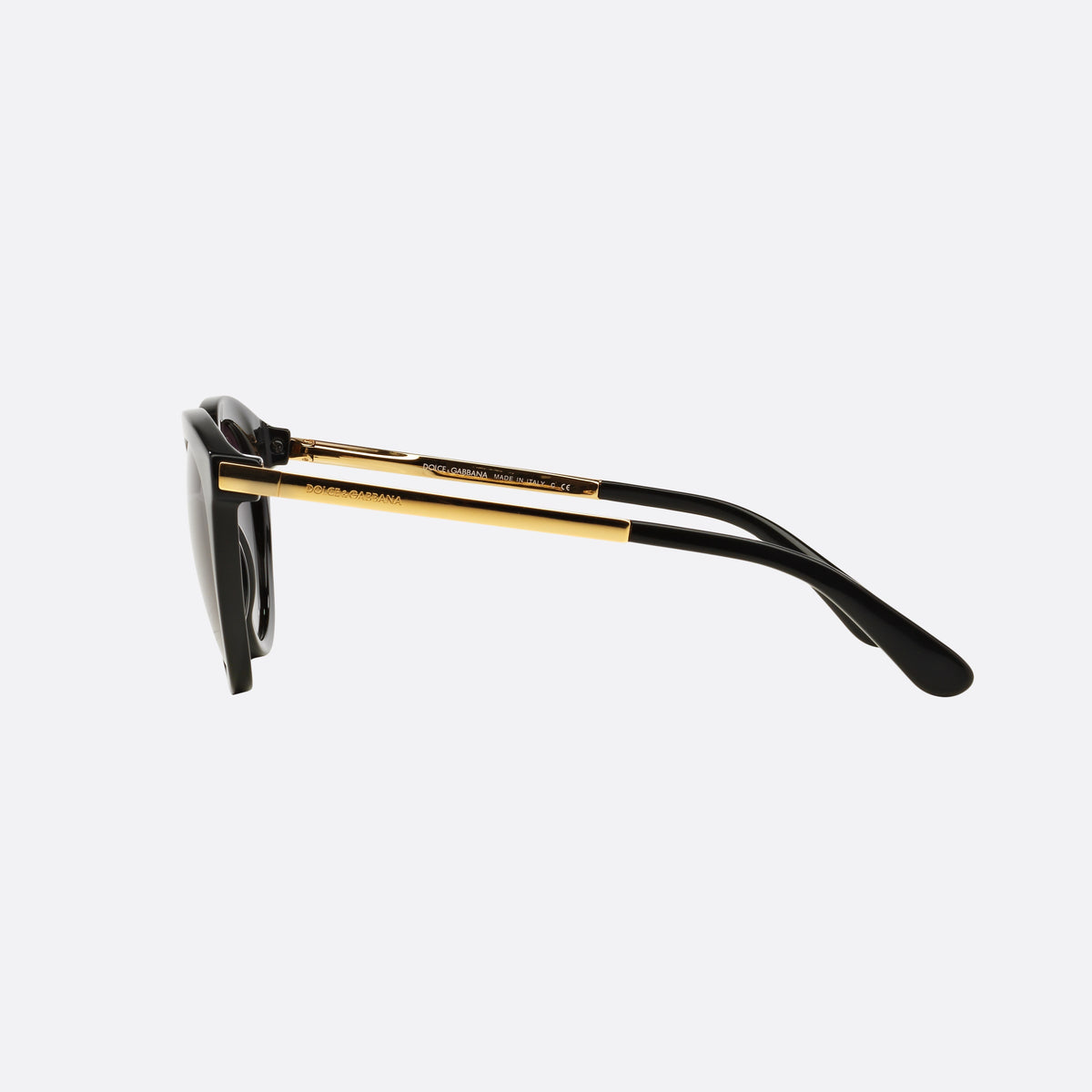 Ochelari de soare Dolce & Gabbana DG4268 501/8G, rotunzi negru, pentru femei, punte metalică în șa, literele brandului pe brațe, vedere laterală