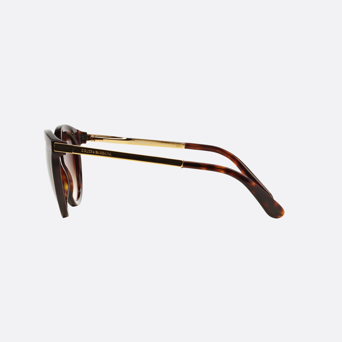 Dolce & Gabbana DG4268 502/13 B sunglasses, havana round frame for women, metal saddle bridge, brand lettering on temples, side view