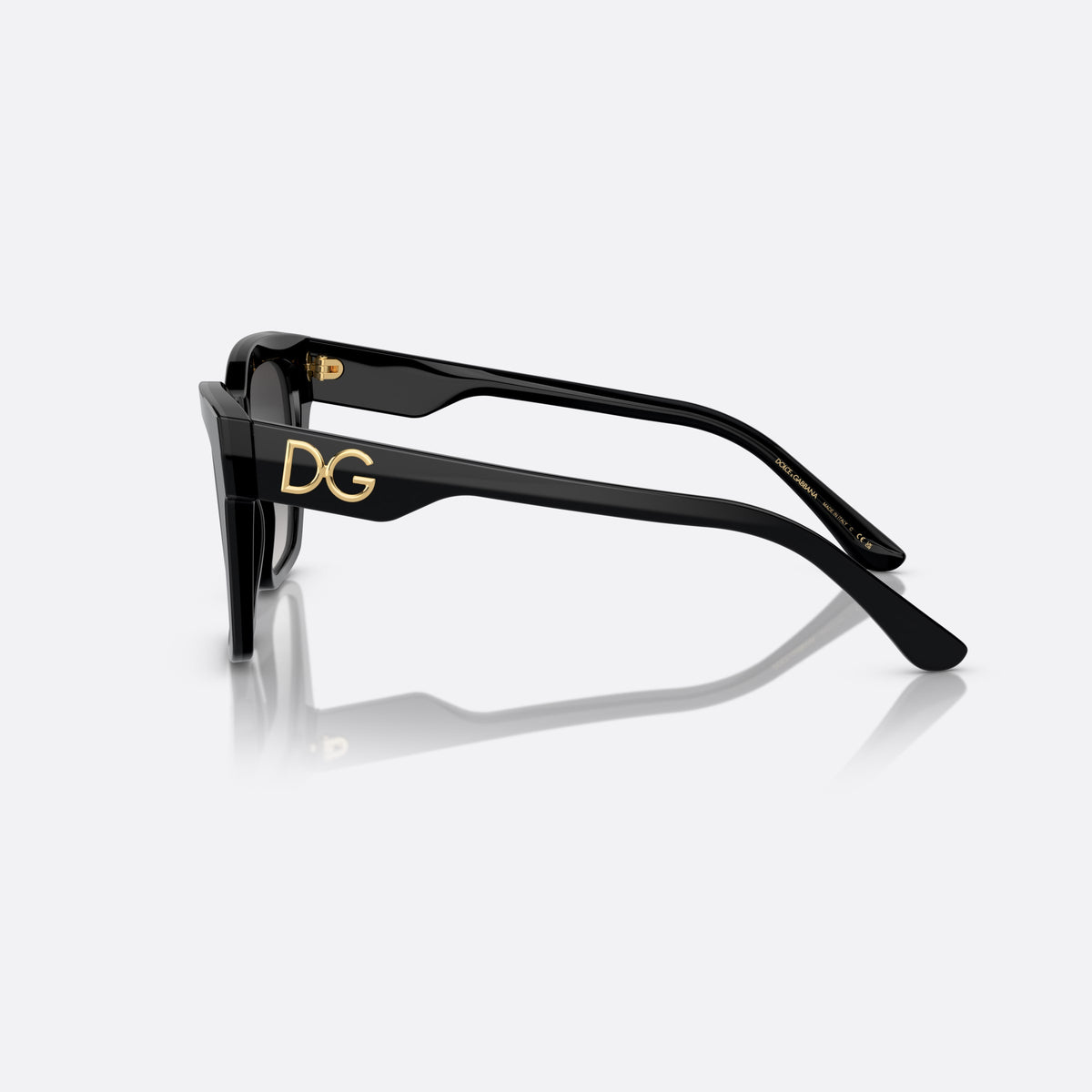 Dolce & Gabbana DG4384 501/8G sunglasses, black square frame for women, plain bridge, brand logo on temple, wide tapered temples, side view