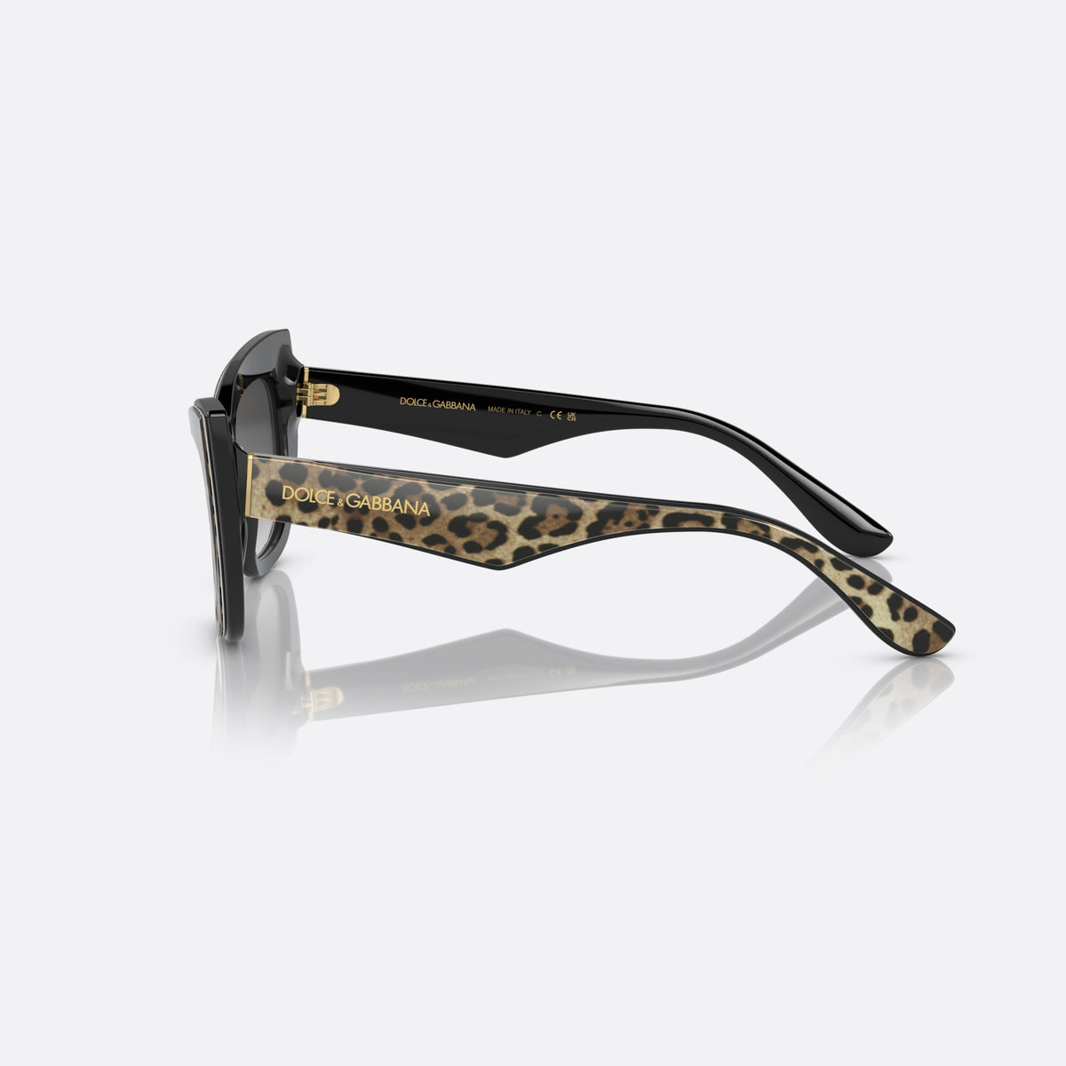 Dolce & Gabbana DG4417 3163/8G sunglasses, black cat eye frame for women, keyhole bridge, brand lettering on the temples, side view