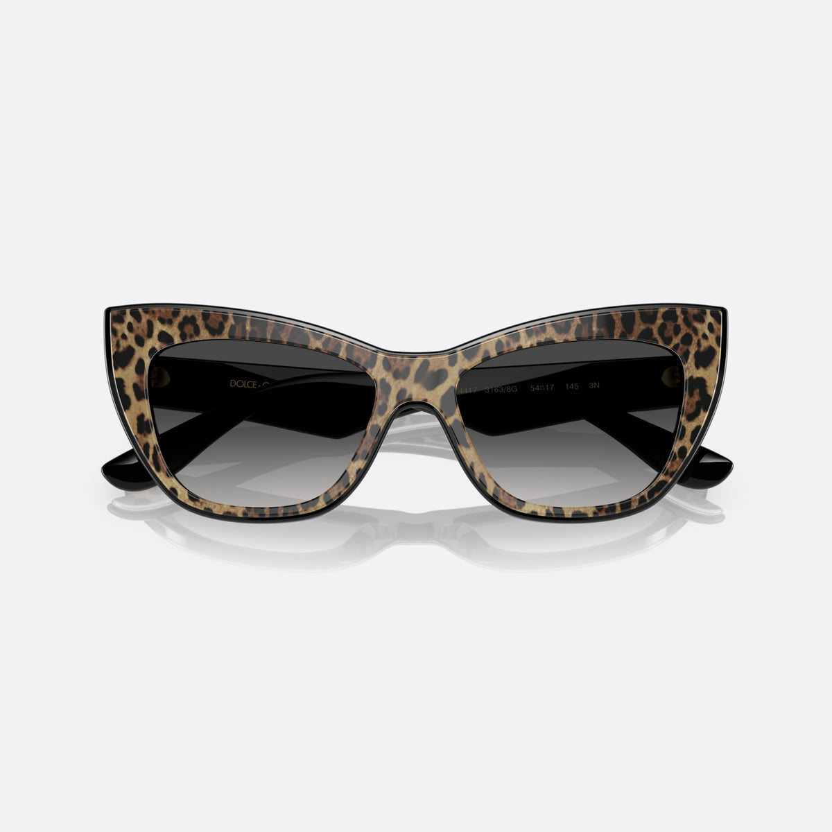 Dolce & Gabbana DG4417 3163/8G sunglasses, black cat eye frame for women, keyhole bridge, brand lettering on the temples, folded