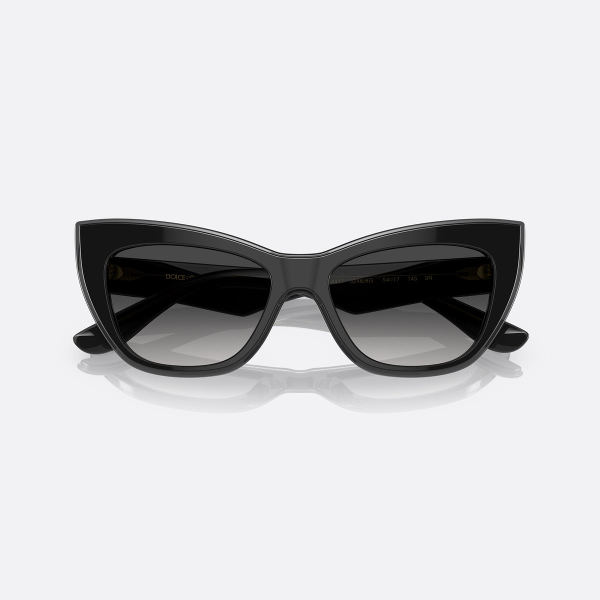 Dolce & Gabbana DG4417 3246/8G A sunglasses, black cat eye frame for women, plain bridge, brand lettering on temples, tapered temples, folded