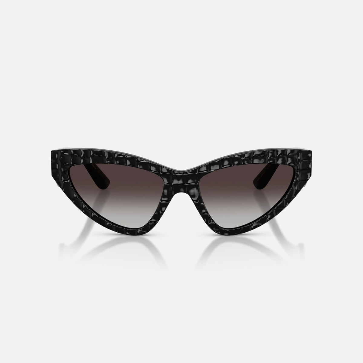 Dolce & Gabbana DG4439 32888G sunglasses, black cat eye frame for women, plain bridge, brand logo on temples, wide tapered temples, front view