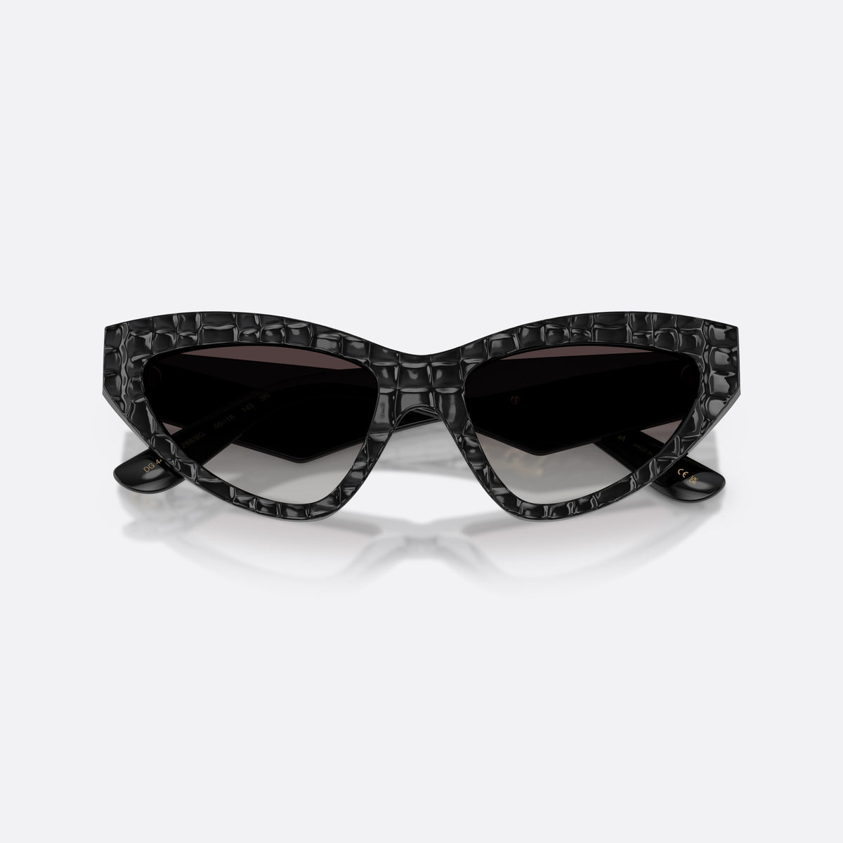 Dolce & Gabbana DG4439 32888G sunglasses, black cat eye frame for women, plain bridge, brand logo on temples, wide tapered temples, folded