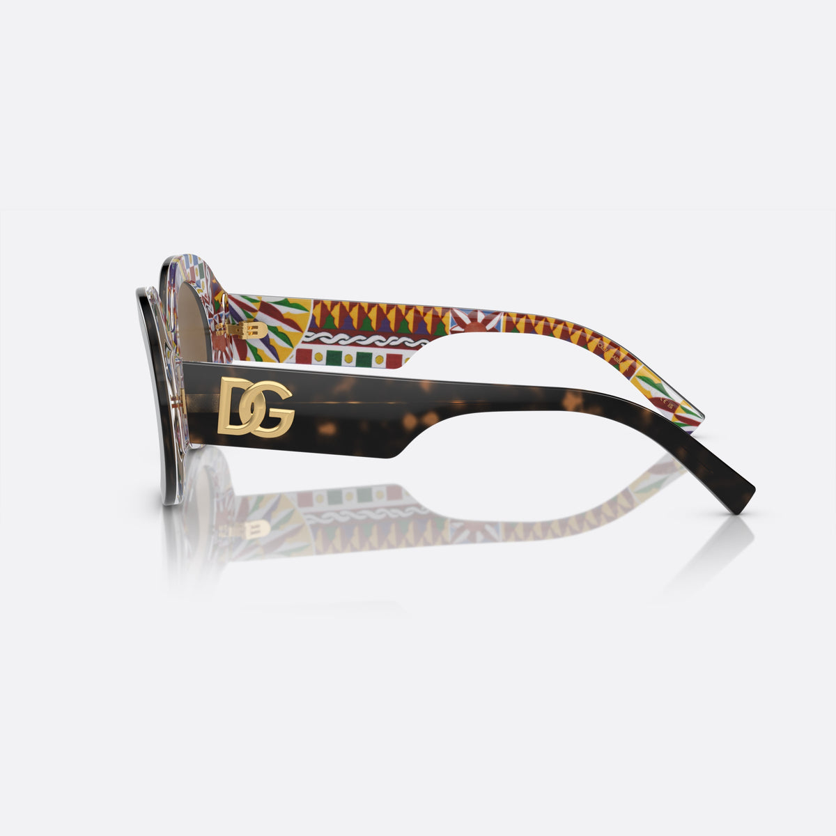 Dolce & Gabbana DG4448 3217/73 A sunglasses, havana oval frame for women, plain acetate bridge, brand logo plaque on temple, side view
