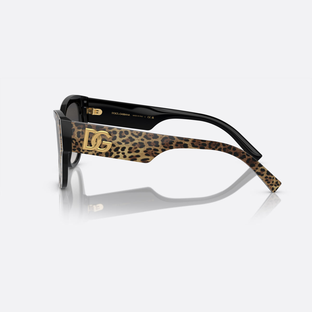 Dolce & Gabbana DG4449 3163/8G M sunglasses, black butterfly frame for women, keyhole bridge, brand logo plaque on temples, side view