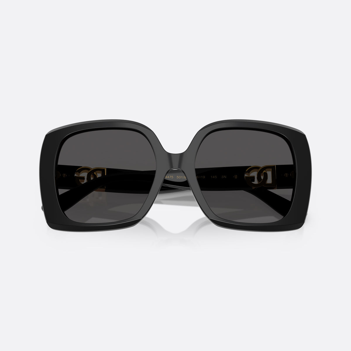 Dolce & Gabbana DG4475 501/87 sunglasses, black square frame for women, plain bridge, brand logo plaque on temples, folded
