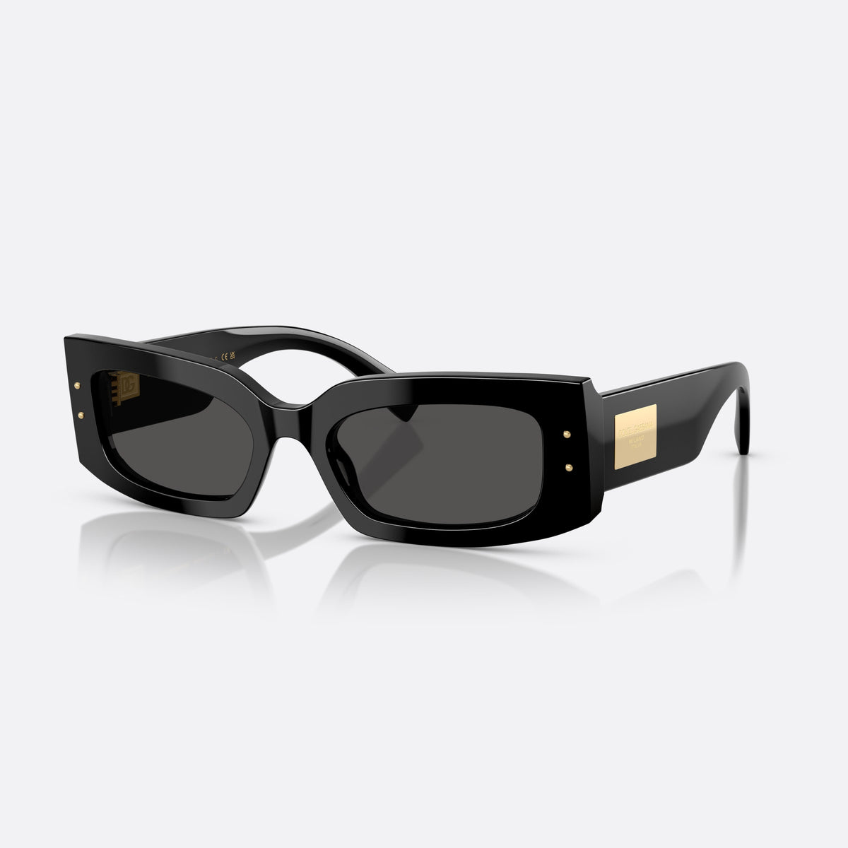 Dolce & Gabbana DG4479 501/87 sunglasses, black rectangle frame for women, plain bridge, brand logo on temple, wide tapered temples