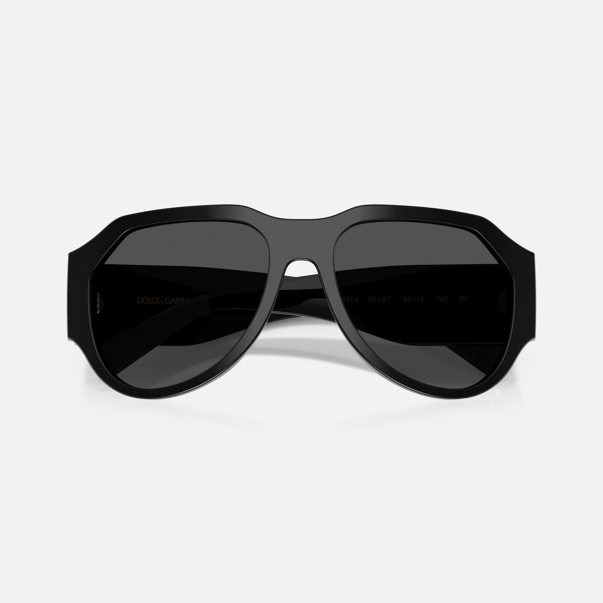Dolce & Gabbana DG4504 501/87 sunglasses, black pilot frame for men, plain integrated bridge, brand lettering on temples, folded