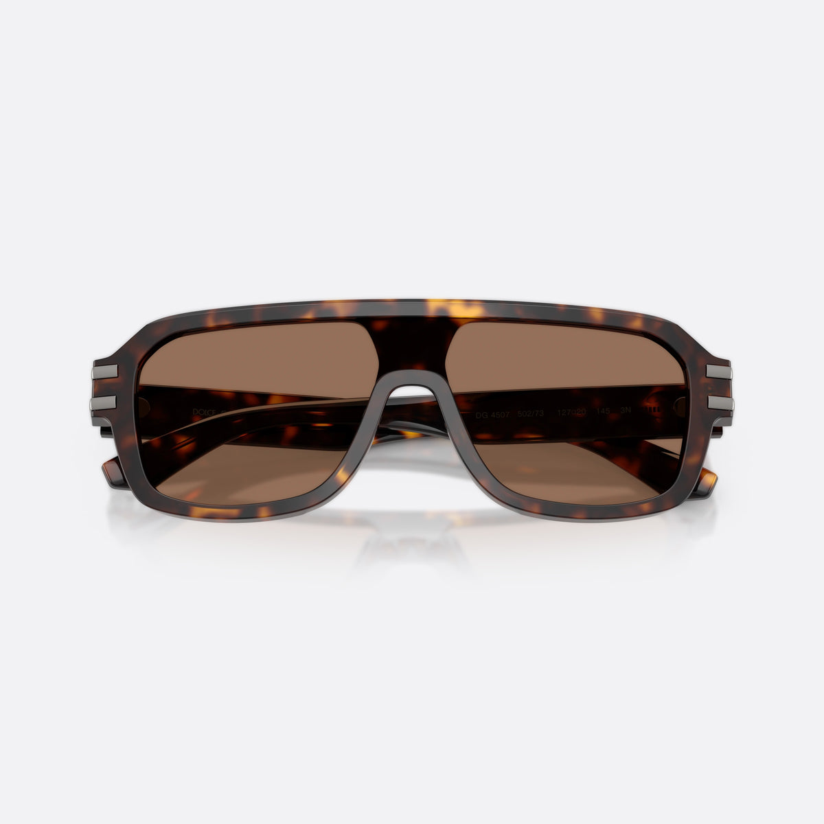 Dolce & Gabbana DG4507 502/73 sunglasses, havana pilot frame for men, integrated plain bridge, brand logo on temple, folded