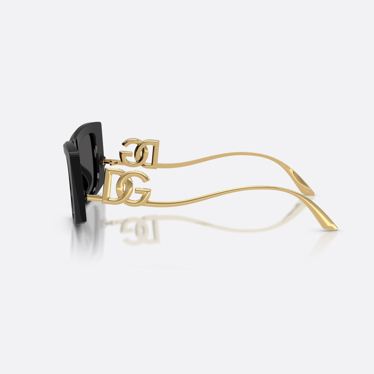 Dolce & Gabbana DG4510 501/87 sunglasses, black cat eye frame for women, plain bridge, brand logo plaque on temple, full-rim frame, side view