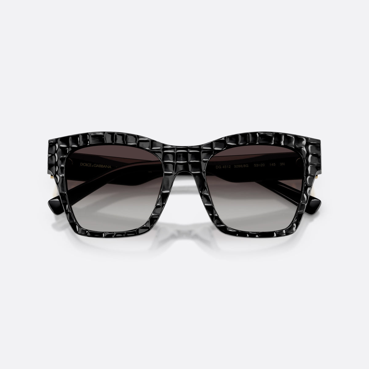 Dolce & Gabbana DG4512 32888G sunglasses, black square frame for women, plain double bridge, brand logo plaque on temple, folded