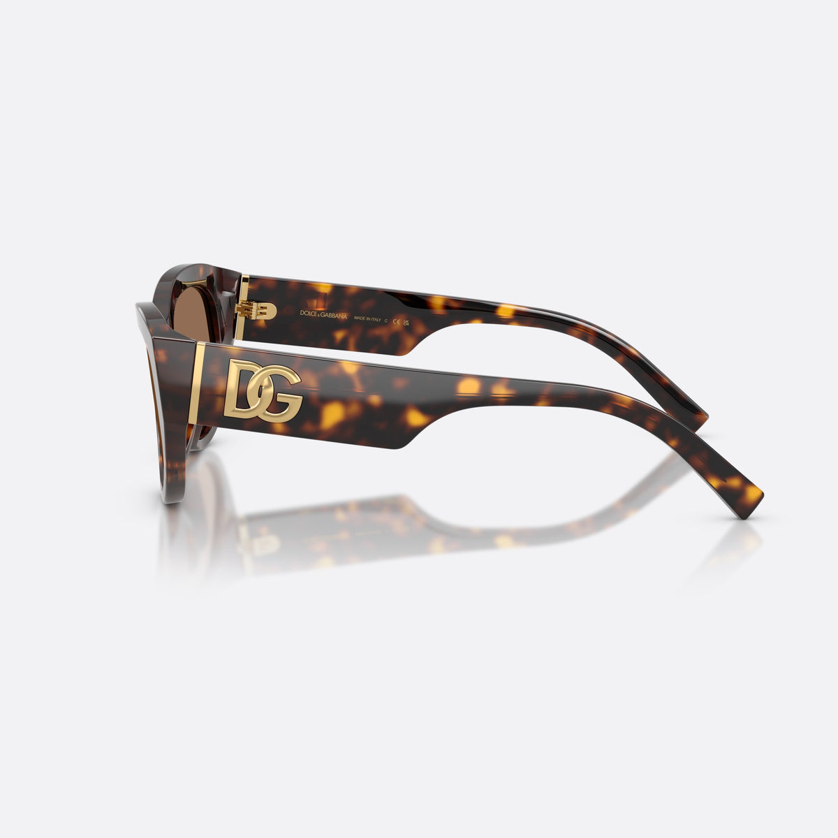 Dolce & Gabbana DG4514 502/73 sunglasses, havana cat eye frame for women, plain bridge, brand logo plaque on temple, side view