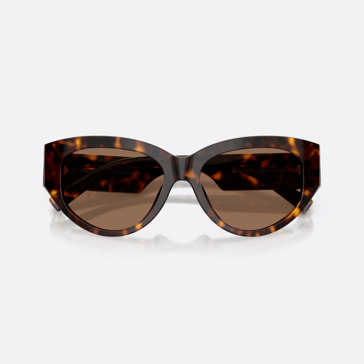 Dolce & Gabbana DG4514 502/73 sunglasses, havana cat eye frame for women, plain bridge, brand logo plaque on temple, folded
