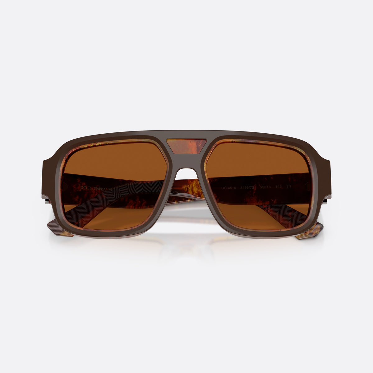 Dolce & Gabbana DG4516 345673 sunglasses, brown square frame for men, double bridge with inset plate, brand lettering on temples, folded