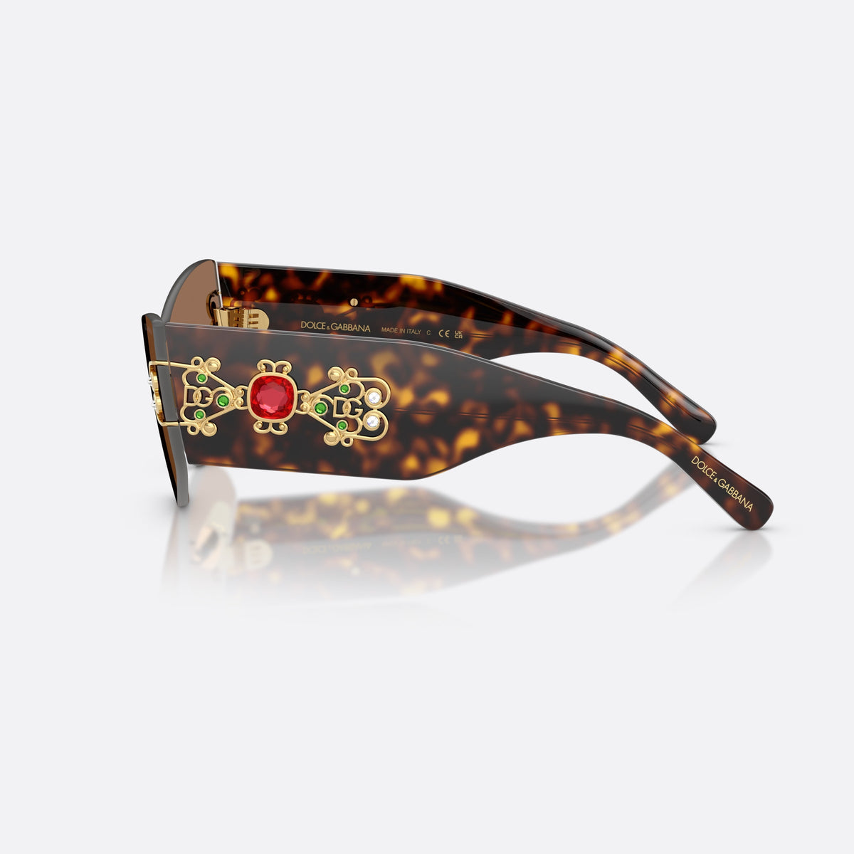 Dolce & Gabbana DG4526B 502/73 sunglasses, havana cat eye frame for women, brand lettering on temples, wide tapered temples, side view