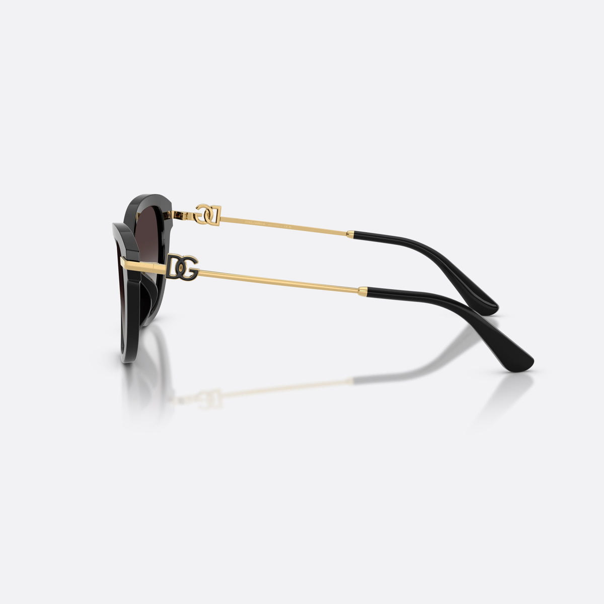 Dolce & Gabbana DG4534 501/8G sunglasses, black butterfly frame for women, plain bridge, brand logo plaque on temple, side view