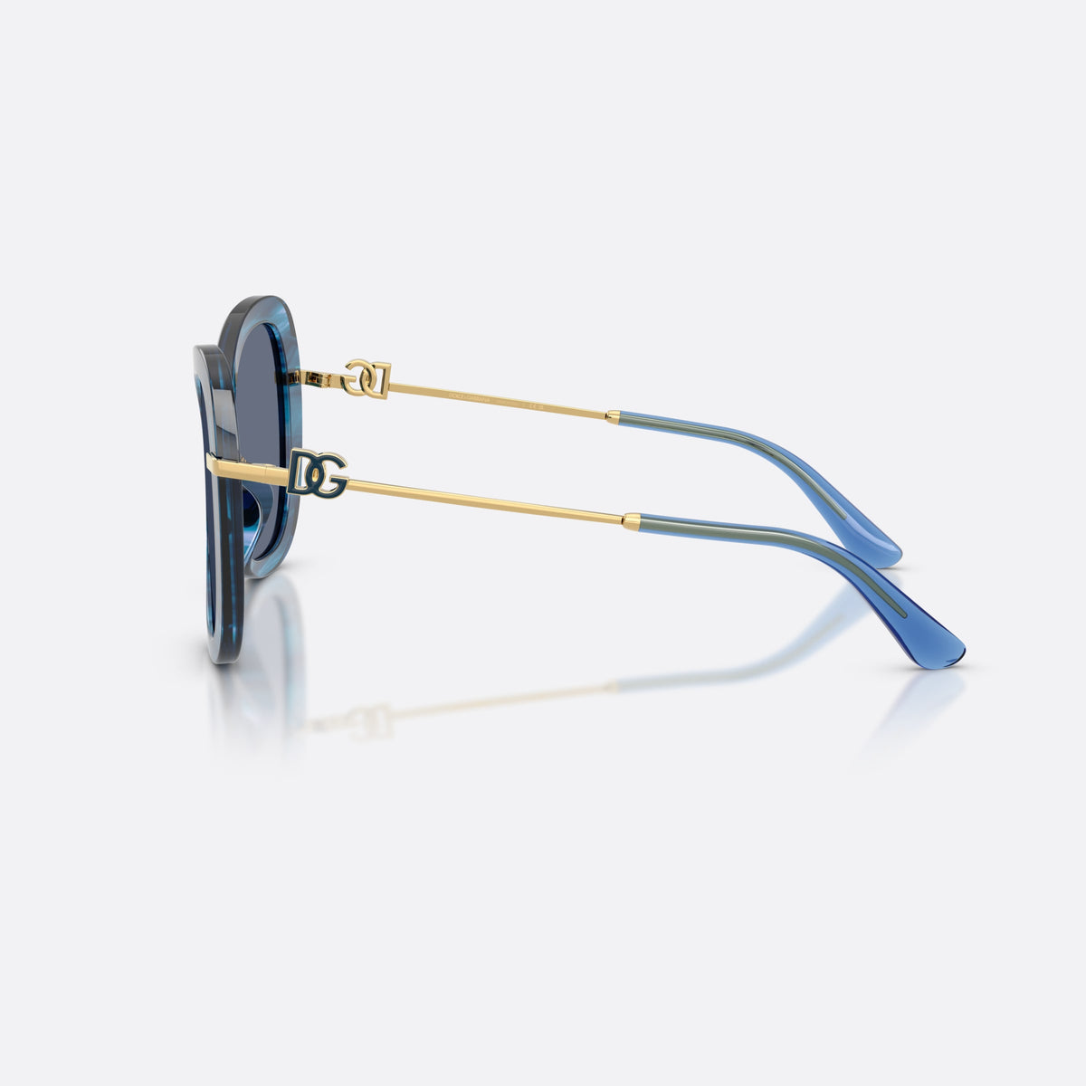 Dolce & Gabbana DG4535 347272 sunglasses, blue butterfly frame for women, thin gold-tone metal bridge, full-rim thick frame, side view